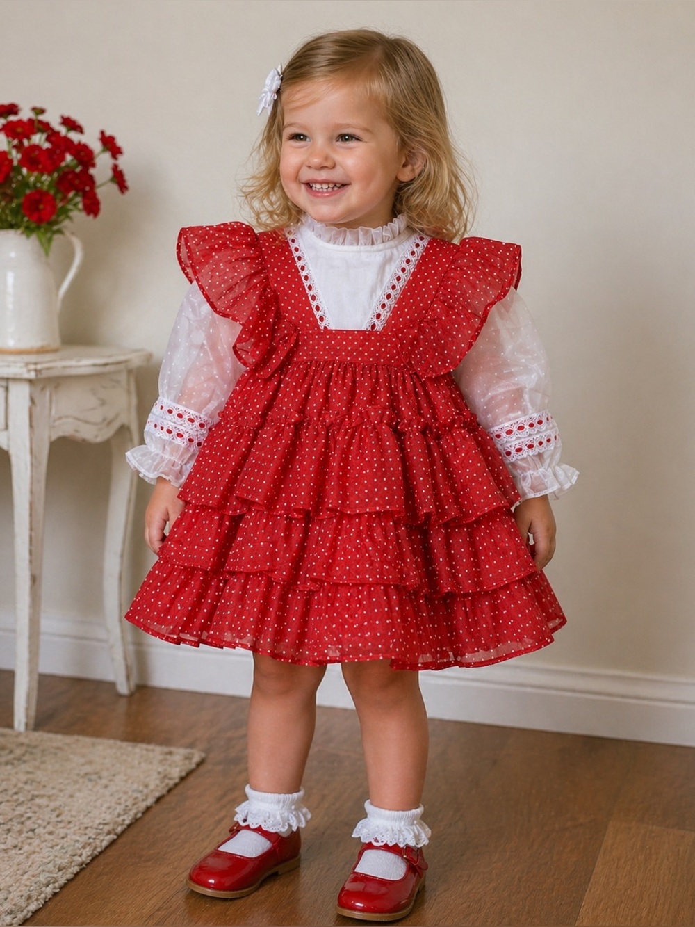 Vintage Marthas Miniatures Dress We’re Fussy Red White Polka Dot Sheer 3T USA